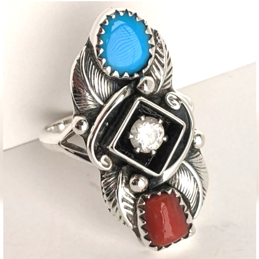 Richard Begay Navajo Sterling Silver Turq/Coral/CZ Squash Blossom Ring